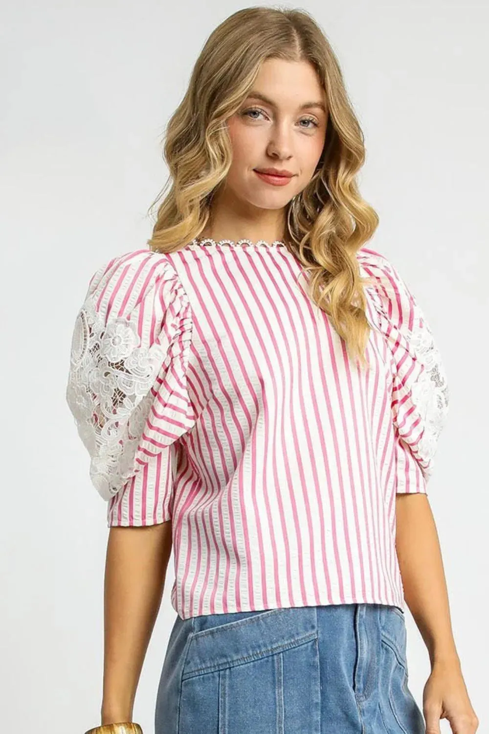 Umgee Striped Lace Puff Sleeve Blouse sold by Charming Charlie