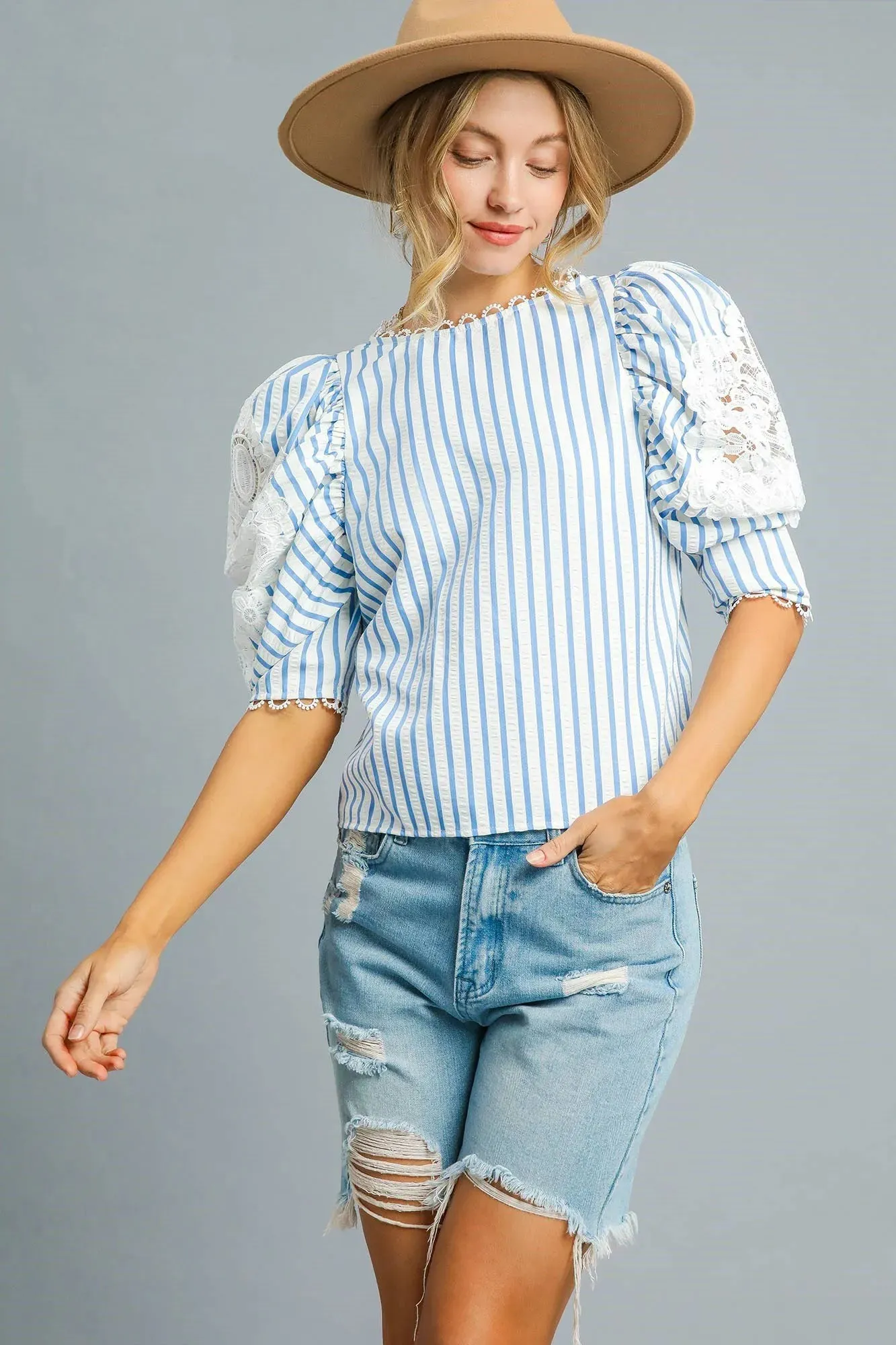 Umgee Striped Lace Puff Sleeve Blouse sold by Charming Charlie