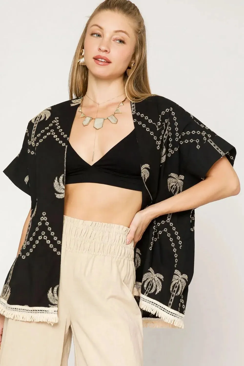 Umgee Open Front Embroidered Fringe Kimono sold by Charming Charlie
