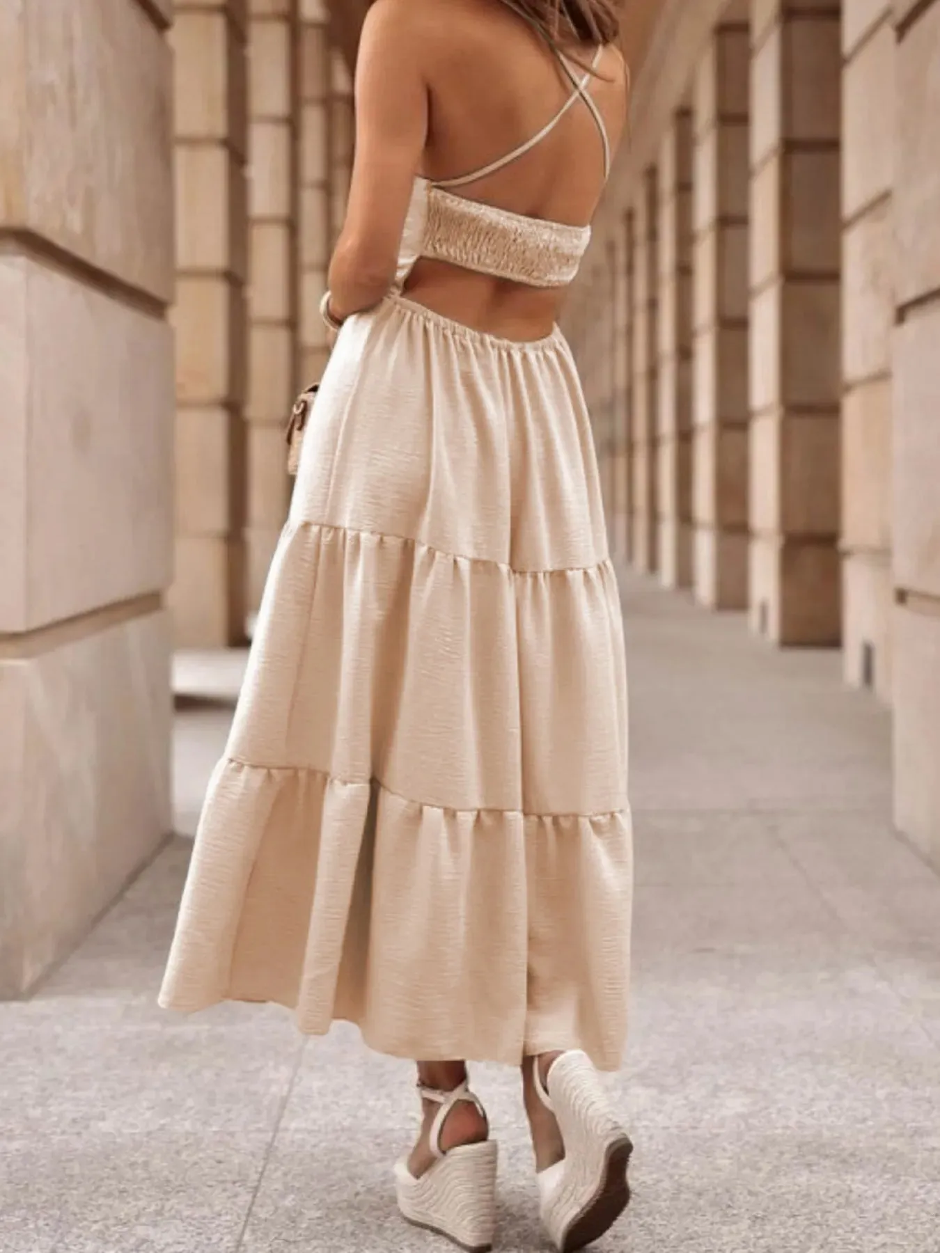 Crossover Backless Bodice Tiered Maxi Dress sold by Charming Charlie product image thumbnail 2