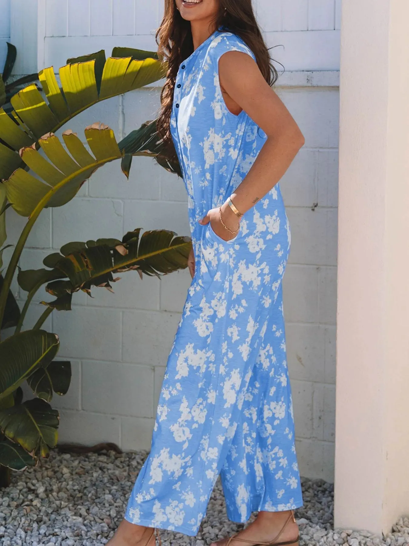 Printed Button-Front Wide Leg Jumpsuit sold by Charming Charlie product image thumbnail 4