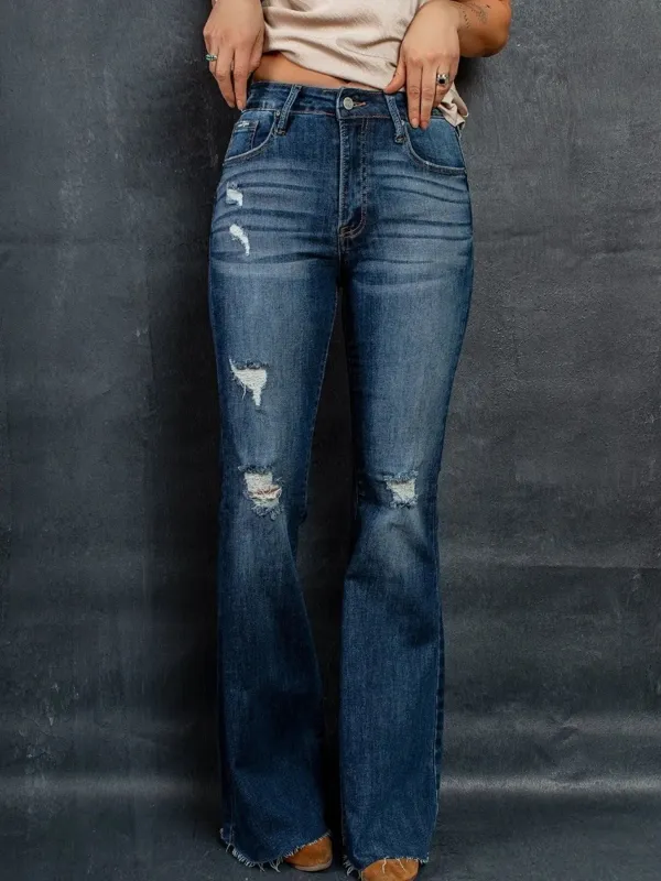 Distressed High-Waisted Flare Jeans sold by Charming Charlie