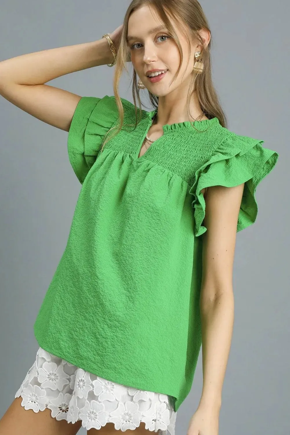 Umgee Smocked Layered Ruffle Sleeve Blouse sold by Charming Charlie product image thumbnail 2