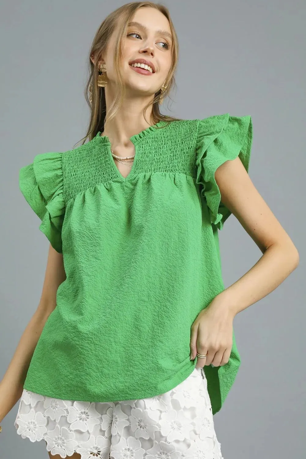 Umgee Smocked Layered Ruffle Sleeve Blouse sold by Charming Charlie