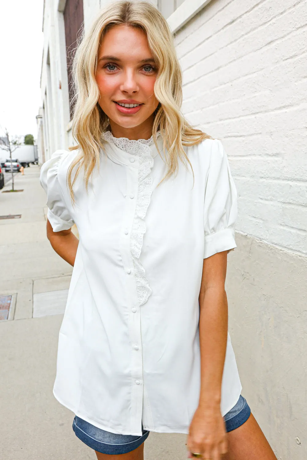 Put Together White Ruffle Crochet Puff Sleeve Button Down Top sold by Charming Charlie product image thumbnail 2