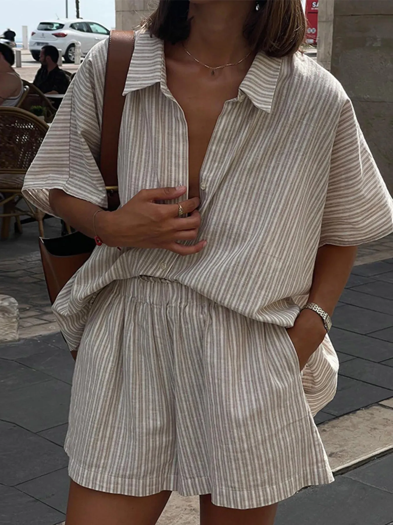 Casual Striped Short Sleeve Top and Shorts Two-Piece Set sold by Charming Charlie product image thumbnail 2