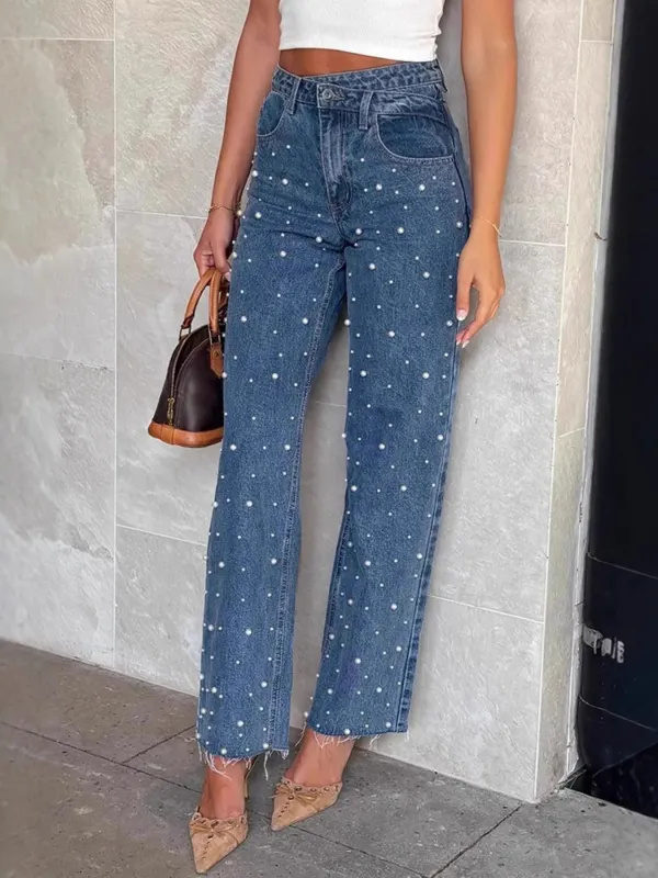 Pearl Embellished High Waist Straight Leg Jeans sold by Charming Charlie