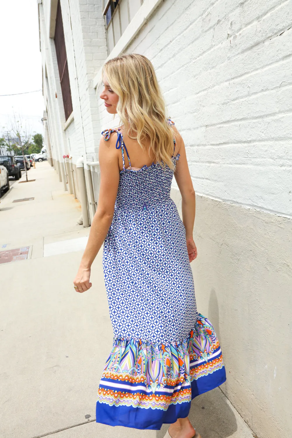 Follow Me Navy Boho Print Smocked Shoulder Tie Border Hem Dress sold by Charming Charlie product image thumbnail 2