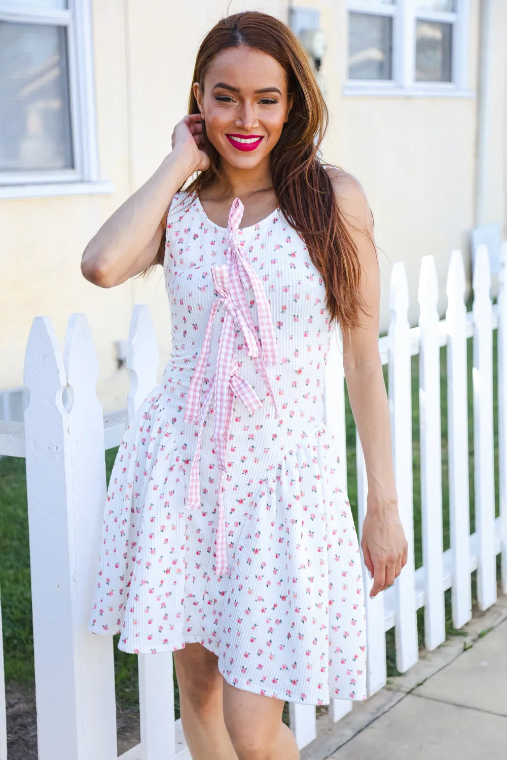 Beautiful You Ivory Checker & Floral Print Ribbon Tie Sleeveless Dress sold by Charming Charlie