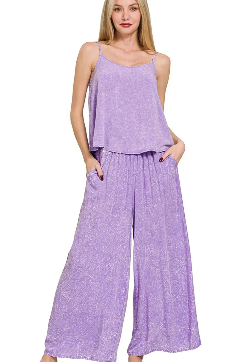 Zenana Woven Acid Crinkle Washed Cami & Pants 2 Piece Set sold by Charming Charlie
