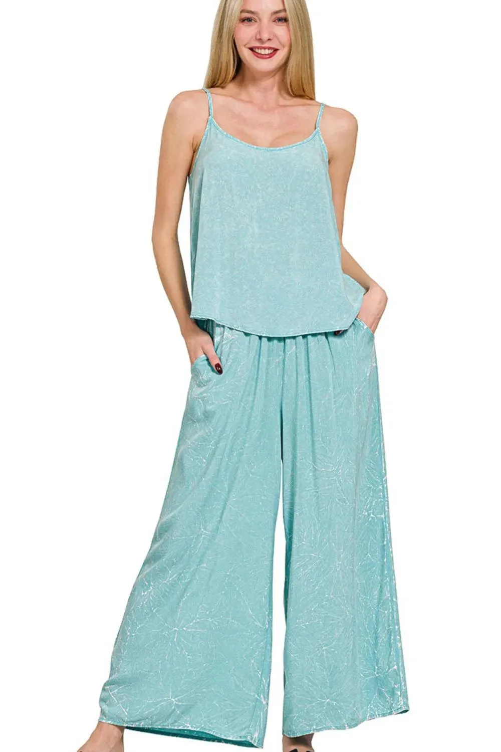 Zenana Woven Acid Crinkle Washed Cami & Pants 2 Piece Set sold by Charming Charlie