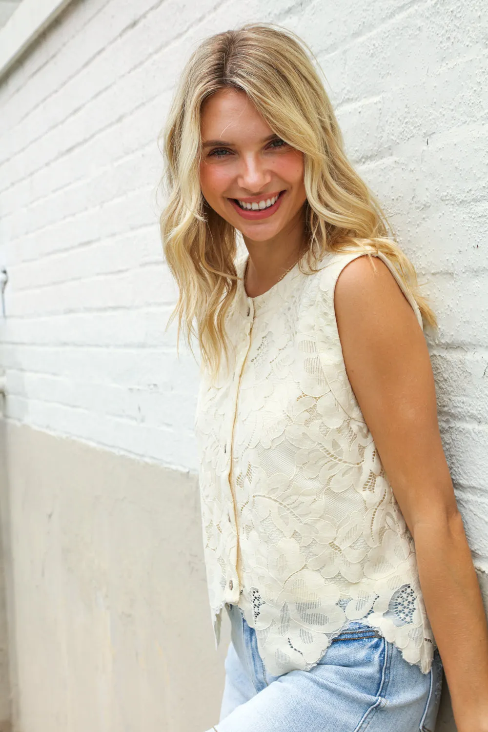 Charming Nude Cotton Button Down Scallop Hem Lace Vest Top sold by Charming Charlie product image thumbnail 5