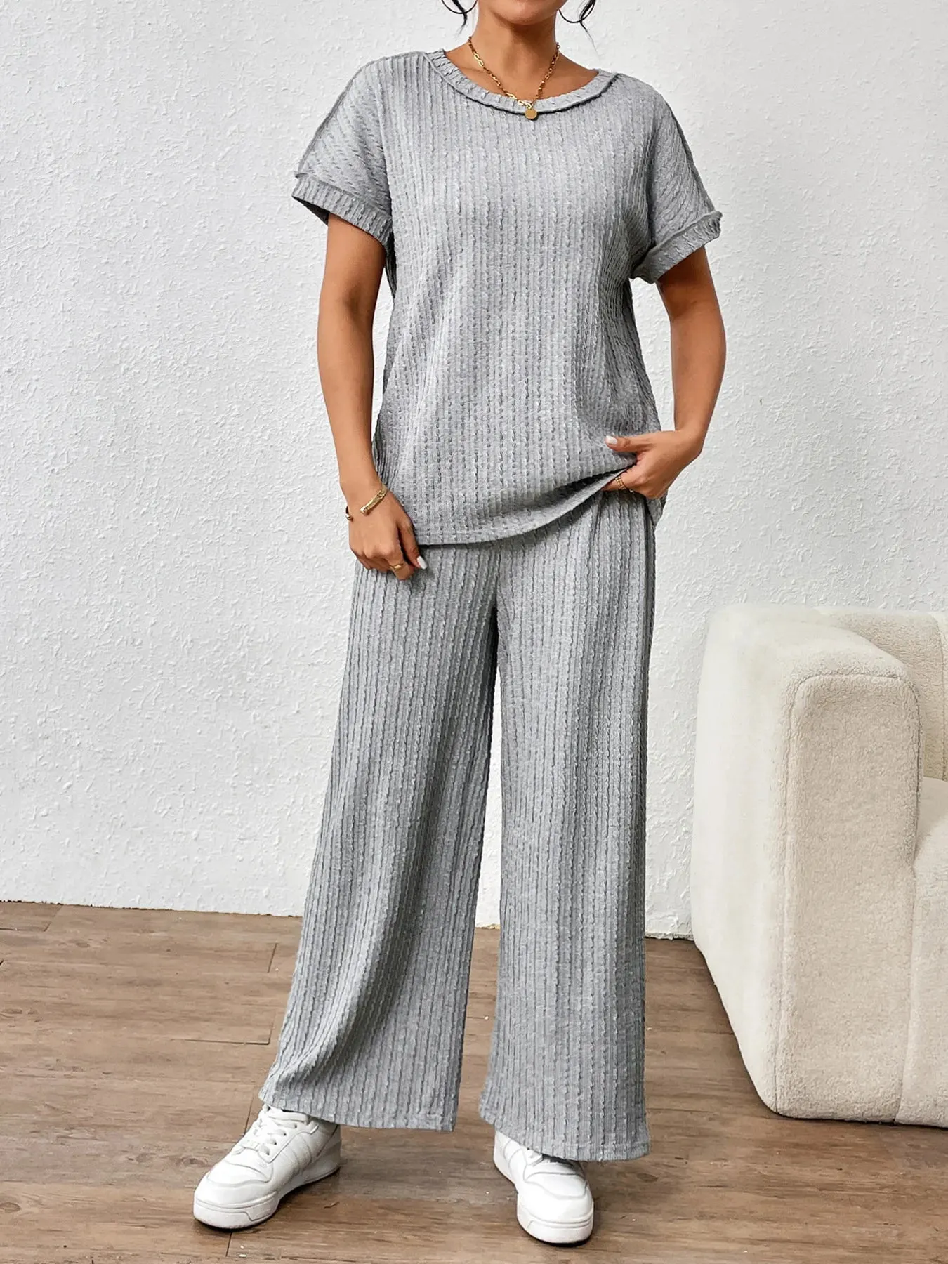Round Neck Short Sleeve Top and Pants Set sold by Charming Charlie