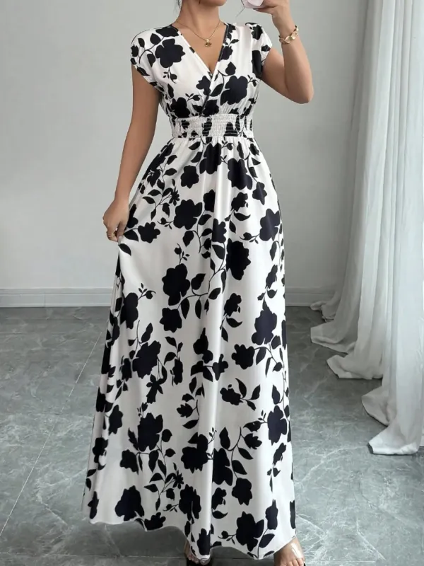 Printed Surplice Cap Sleeve Maxi Dress sold by Charming Charlie