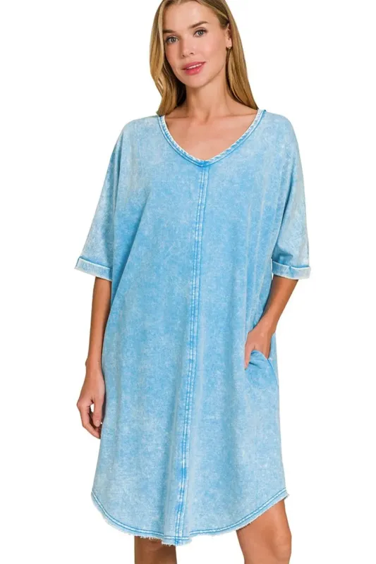 Zenana Acid-washed French Terry Tee Shirts Dress sold by Charming Charlie