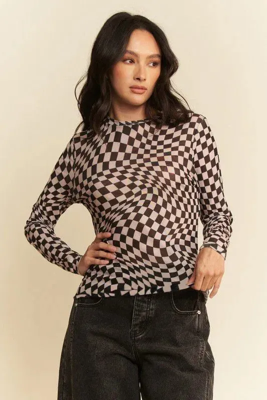 Davi & Dani Checker Board Mesh Long Sleeve Layering Top sold by Charming Charlie