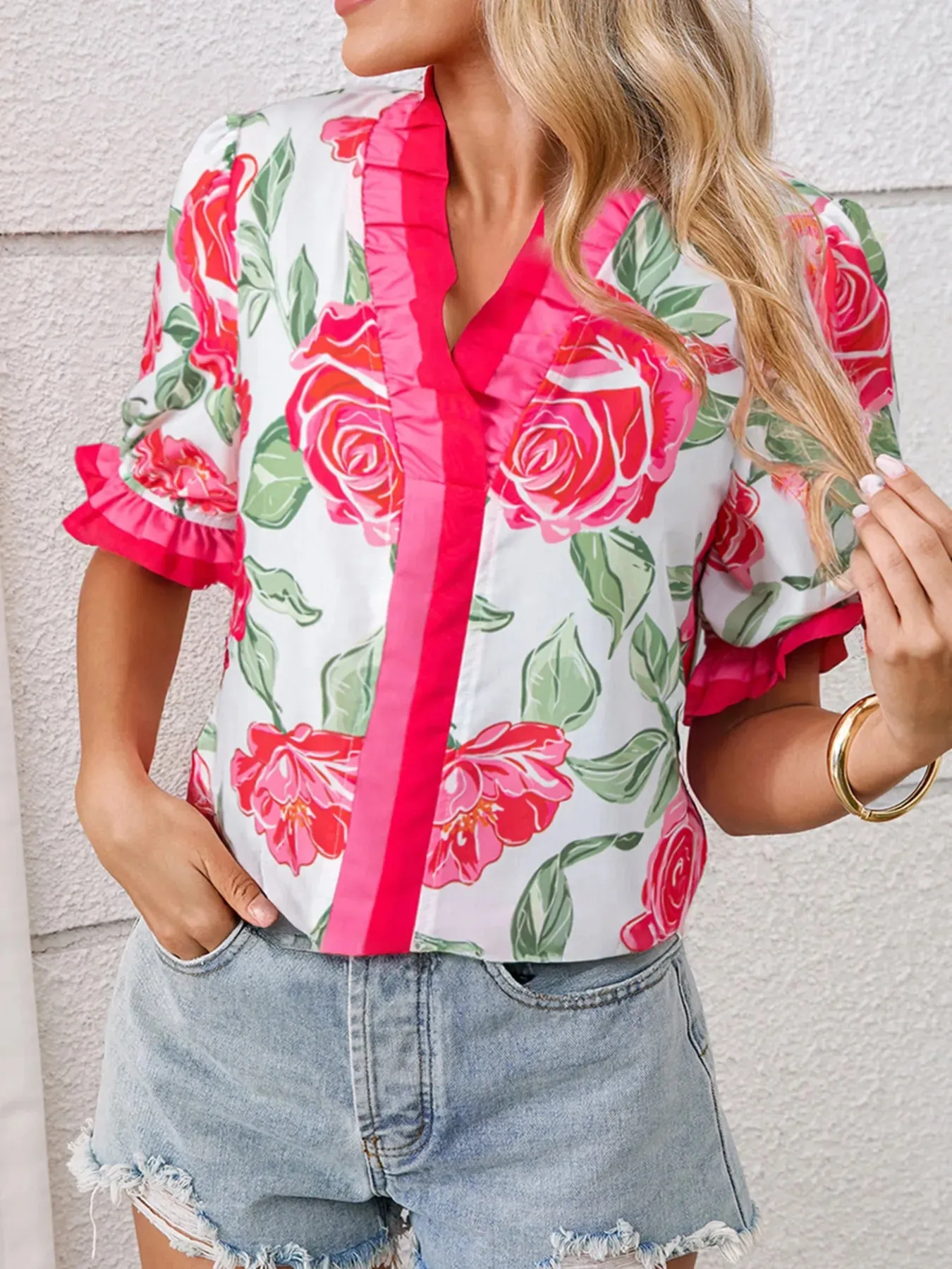 Floral Frilled V Neck Short Sleeve Blouse sold by Charming Charlie