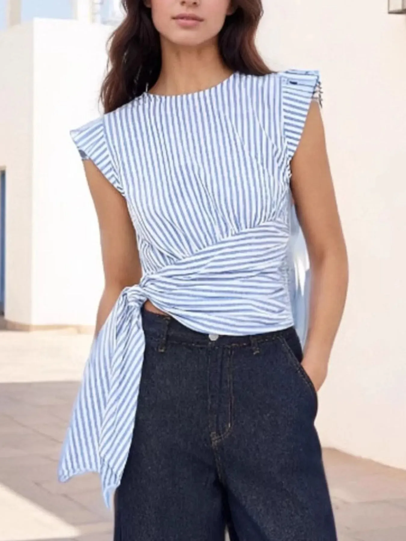 Striped Tied Cap Sleeve Blouse sold by Charming Charlie product image thumbnail 3