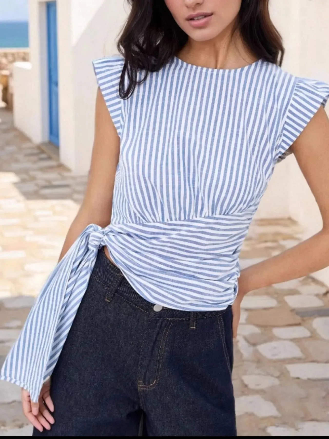 Striped Tied Cap Sleeve Blouse sold by Charming Charlie product image thumbnail 2