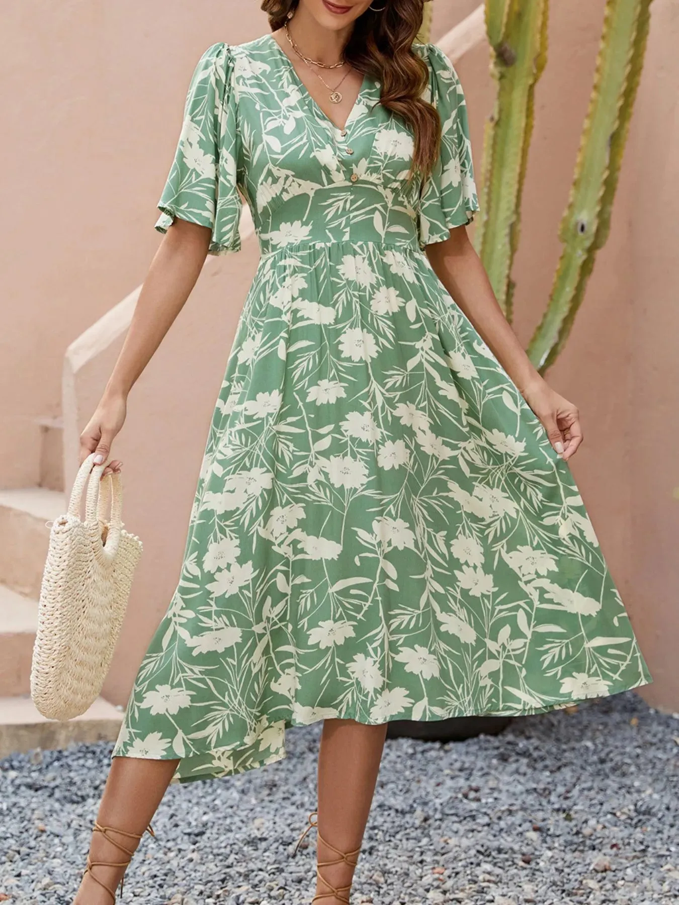 Printed V-Neck Flutter Sleeve Midi Dress sold by Charming Charlie product image thumbnail 4