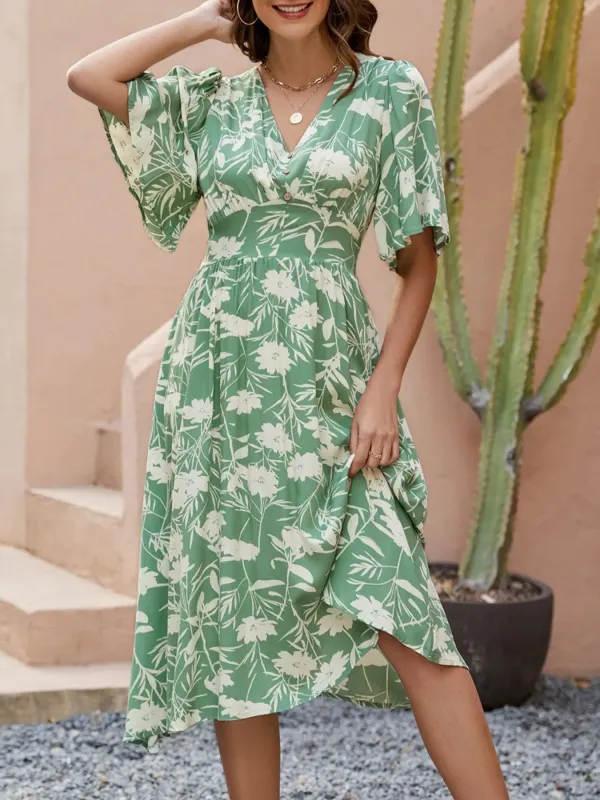 Printed V-Neck Flutter Sleeve Midi Dress sold by Charming Charlie
