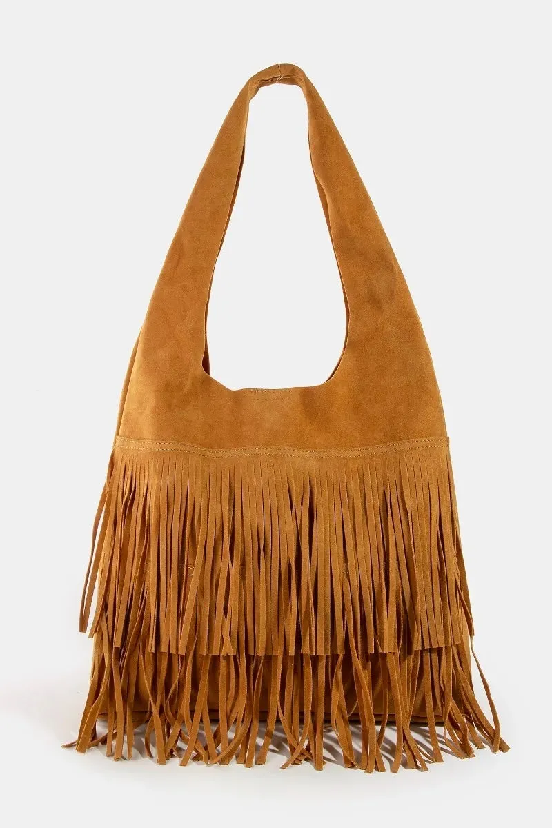 Fame Layered Fringe Detail Suede Hobo Bag sold by Charming Charlie