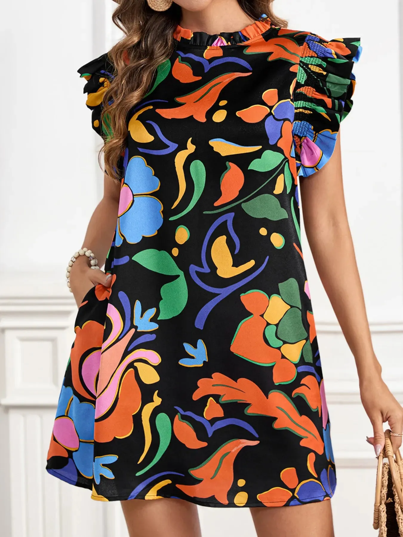 Printed Ruffle Sleeve Mini Dress sold by Charming Charlie