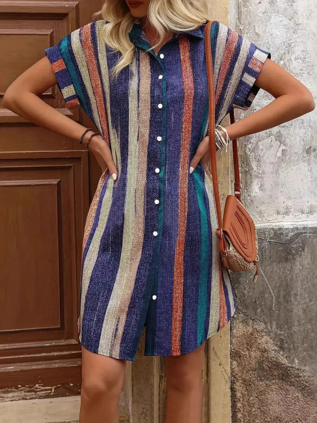 Striped Button-Front Shirt Dress sold by Charming Charlie