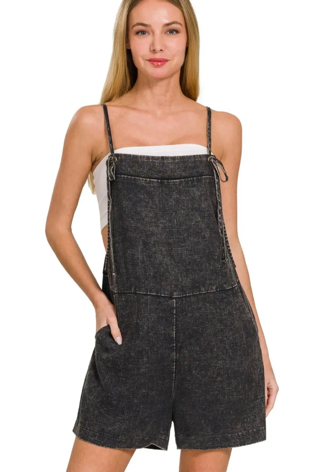 Zenana Washed Linen Knot Strap Rompers sold by Charming Charlie