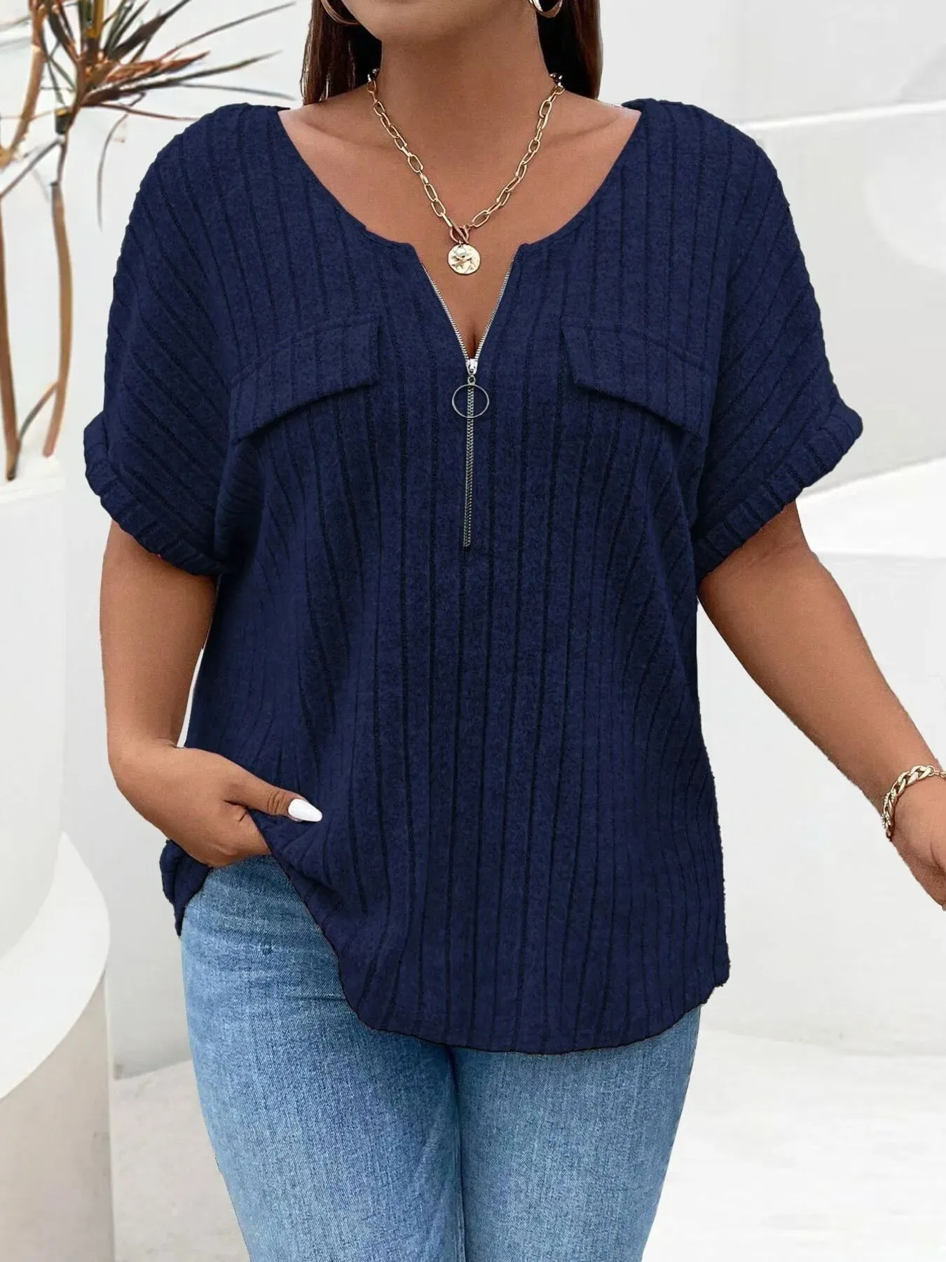 Plus Size Ribbed Half Zip Relaxed Fit T-Shirt sold by Charming Charlie