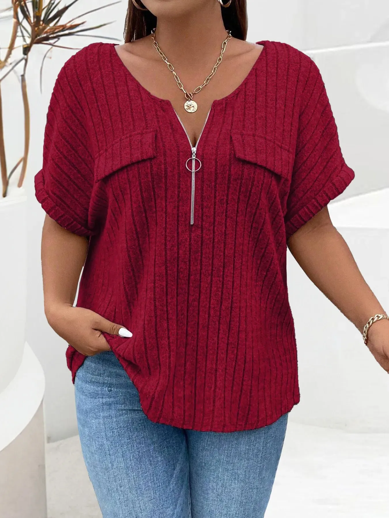 Plus Size Ribbed Half Zip Relaxed Fit T-Shirt sold by Charming Charlie product image thumbnail 4