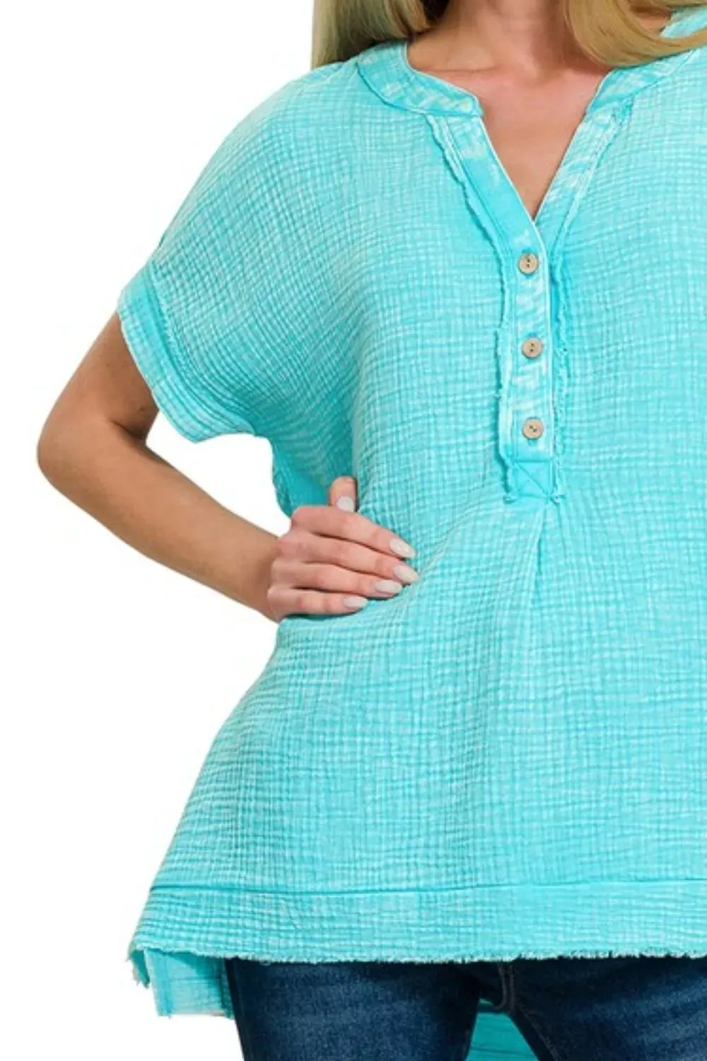 Zenana Washed Double Gauze 3/4 Button Henley Neck Shirt sold by Charming Charlie product image thumbnail 2
