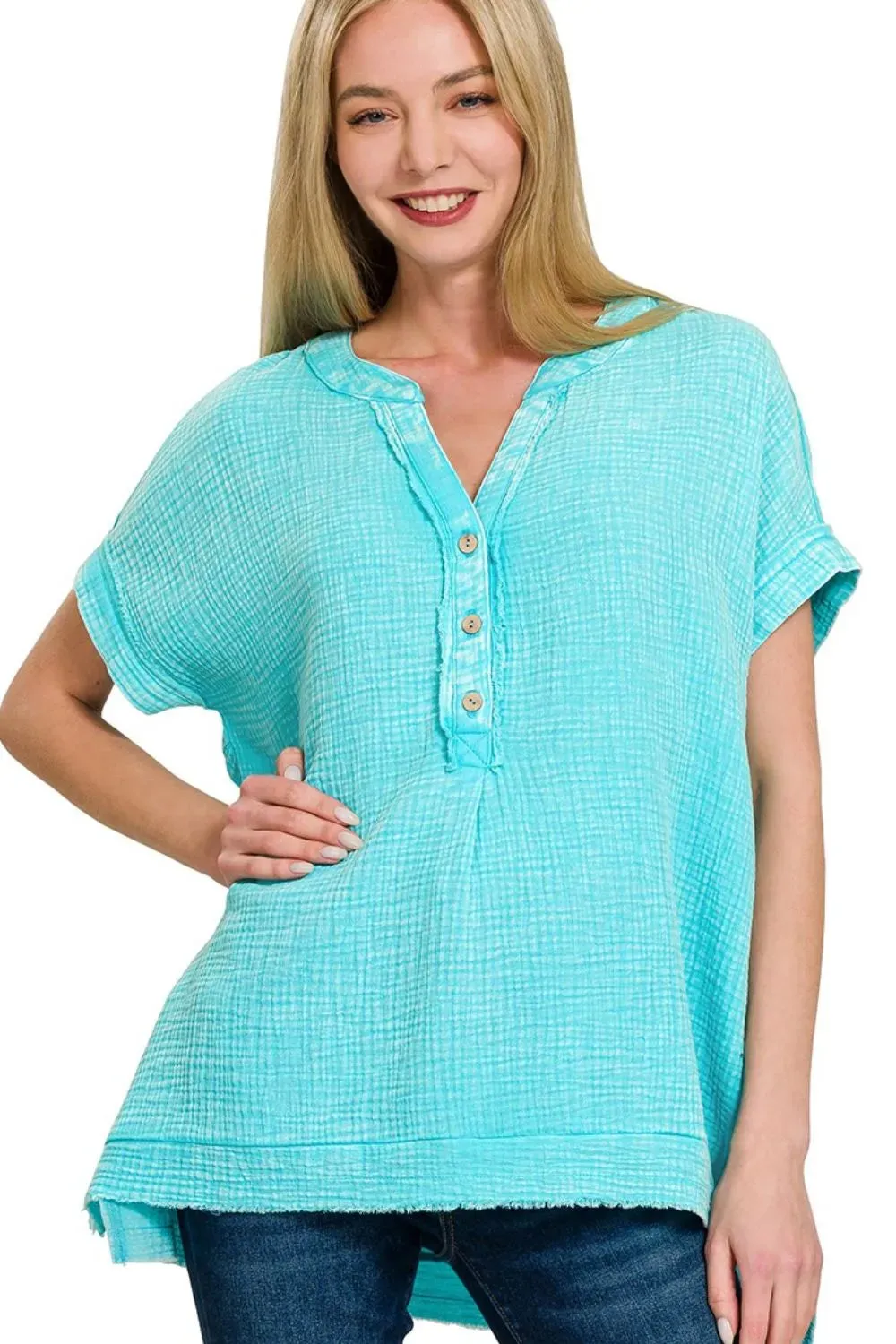 Zenana Washed Double Gauze 3/4 Button Henley Neck Shirt sold by Charming Charlie