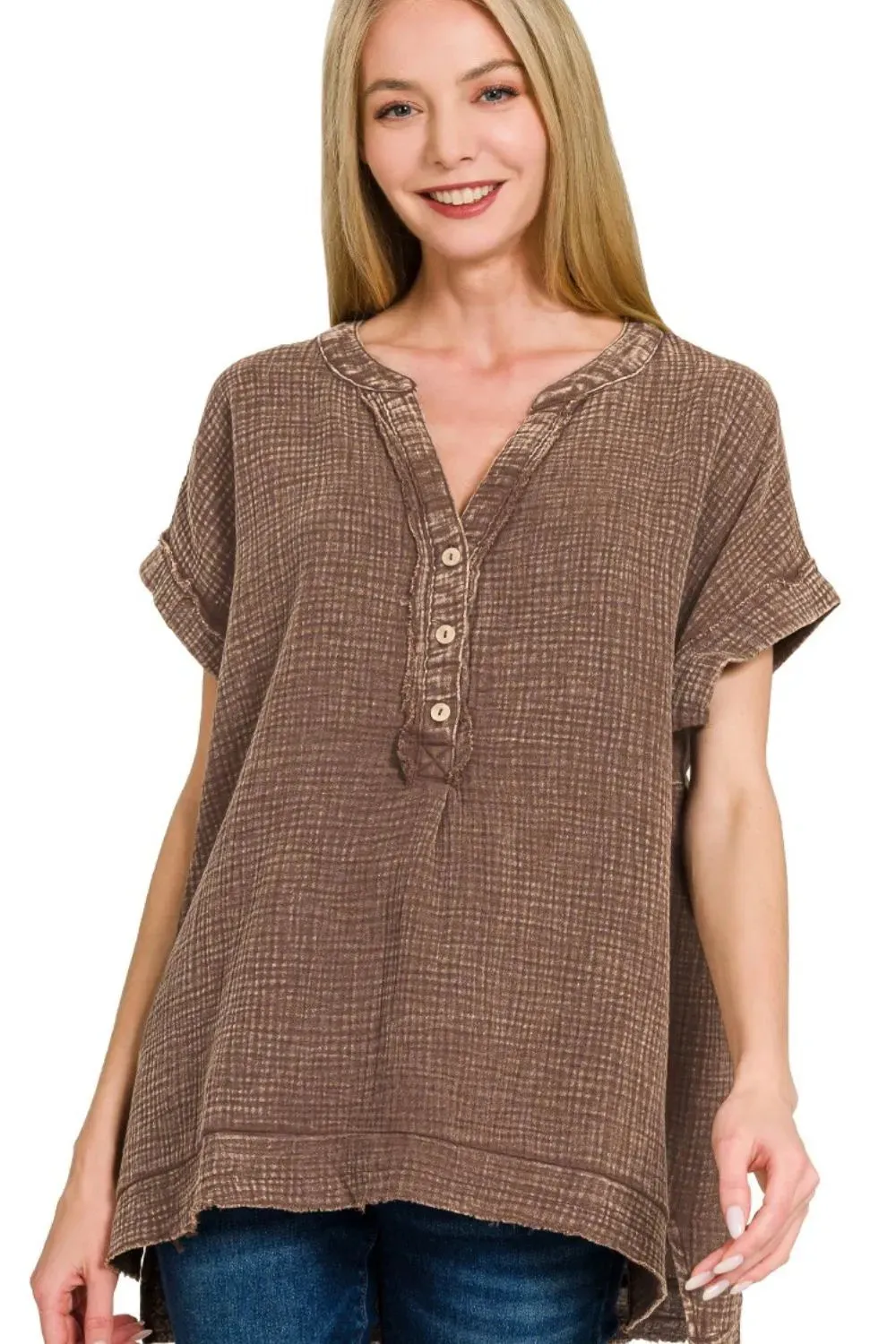 Zenana Washed Double Gauze 3/4 Button Henley Neck Shirt sold by Charming Charlie product image thumbnail 3