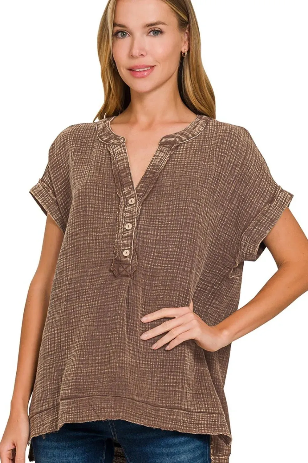 Zenana Washed Double Gauze 3/4 Button Henley Neck Shirt sold by Charming Charlie