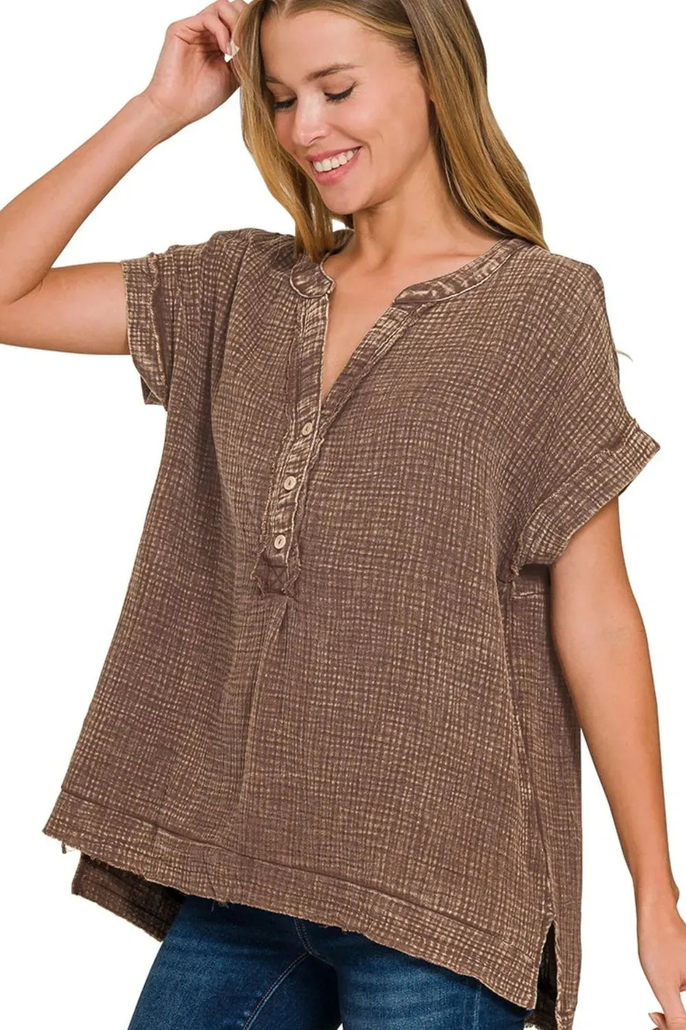 Zenana Washed Double Gauze 3/4 Button Henley Neck Shirt sold by Charming Charlie product image thumbnail 2