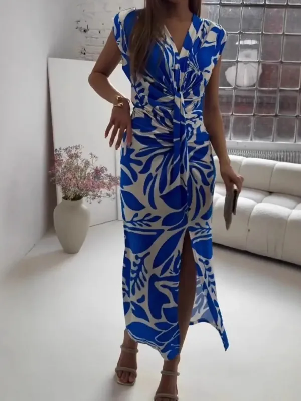 Full Size Slit Printed V-Neck Midi Dress Plus Size sold by Charming Charlie