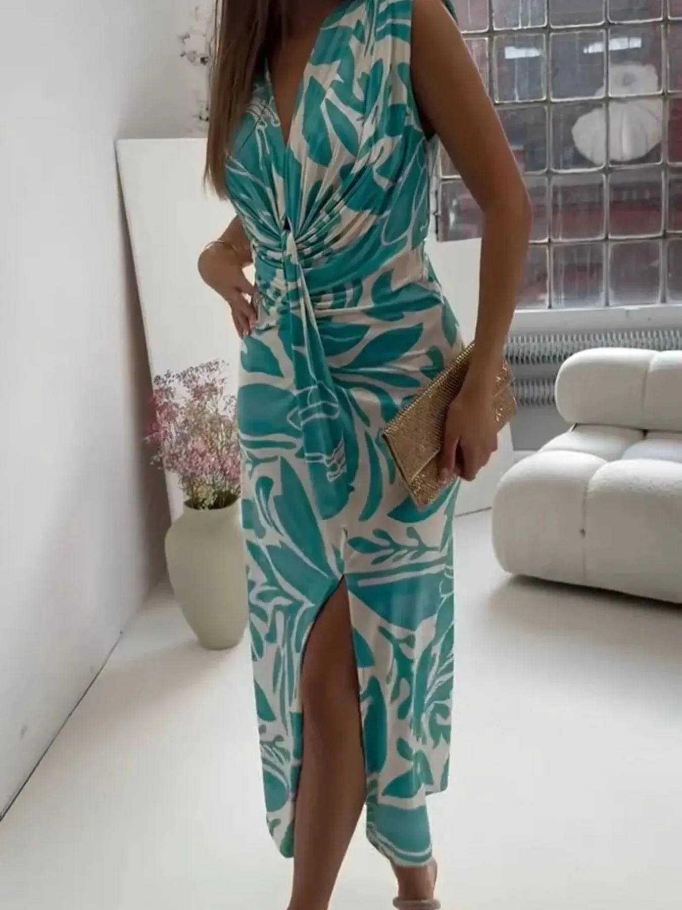 Full Size Slit Printed V-Neck Midi Dress Plus Size sold by Charming Charlie product image thumbnail 4