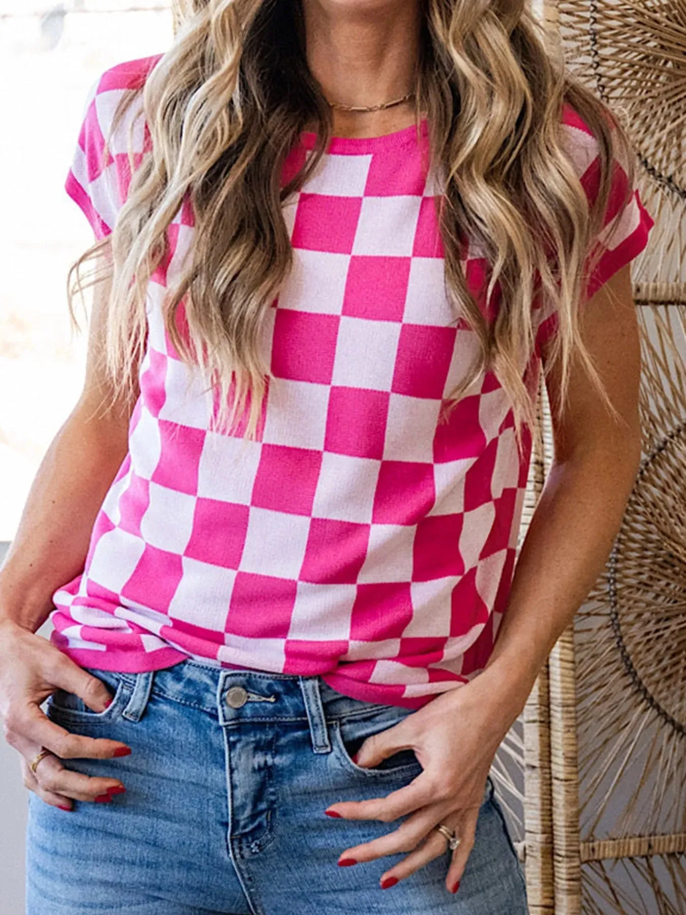 Checkered Cap Sleeve Casual Sweater Top sold by Charming Charlie