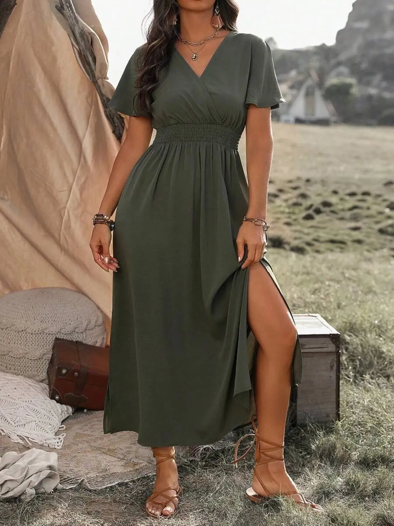 Full Size Side Slit Surplice Short Sleeve Dress Plus Size sold by Charming Charlie product image thumbnail 3