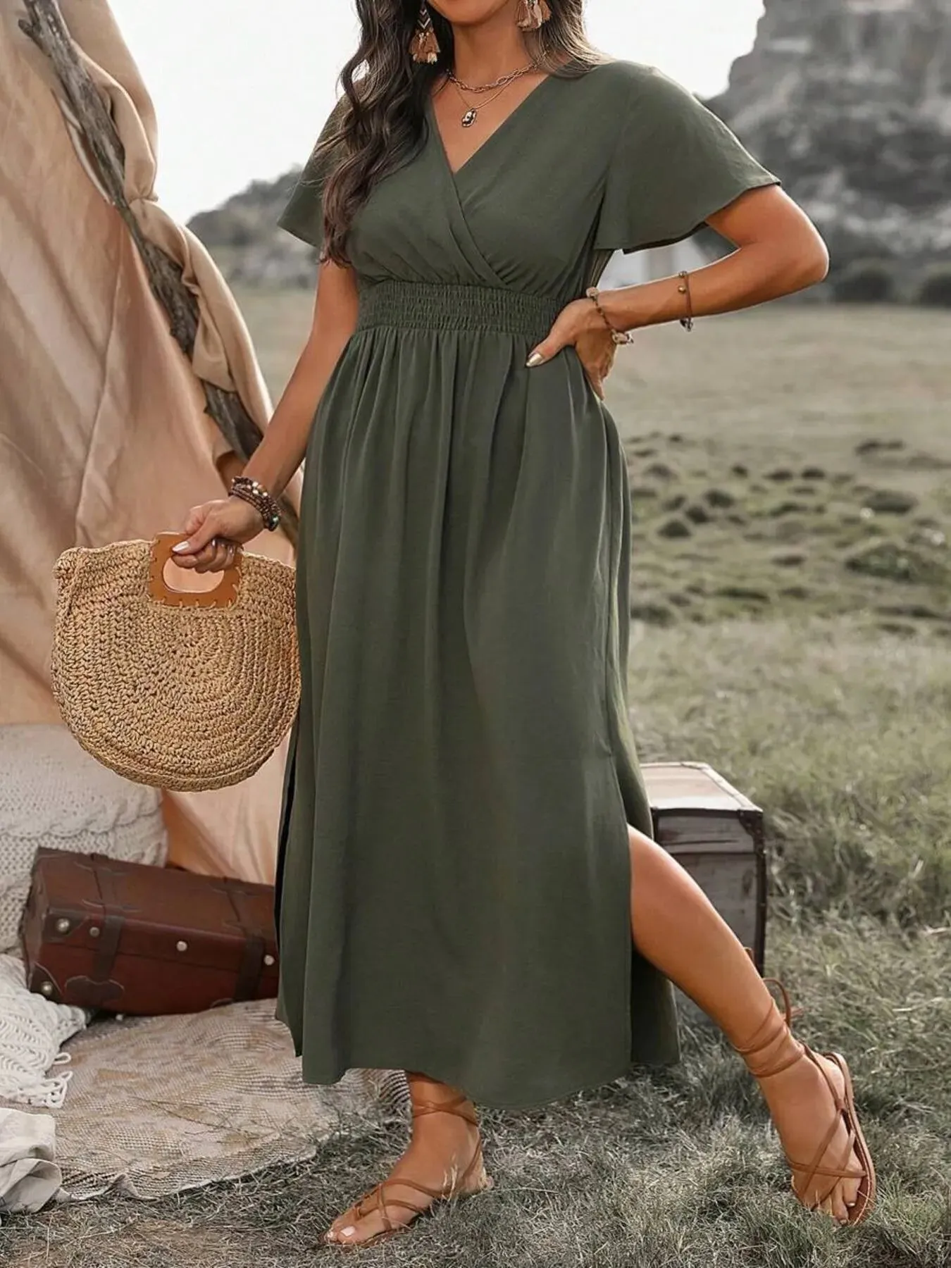 Full Size Side Slit Surplice Short Sleeve Dress Plus Size sold by Charming Charlie product image thumbnail 2