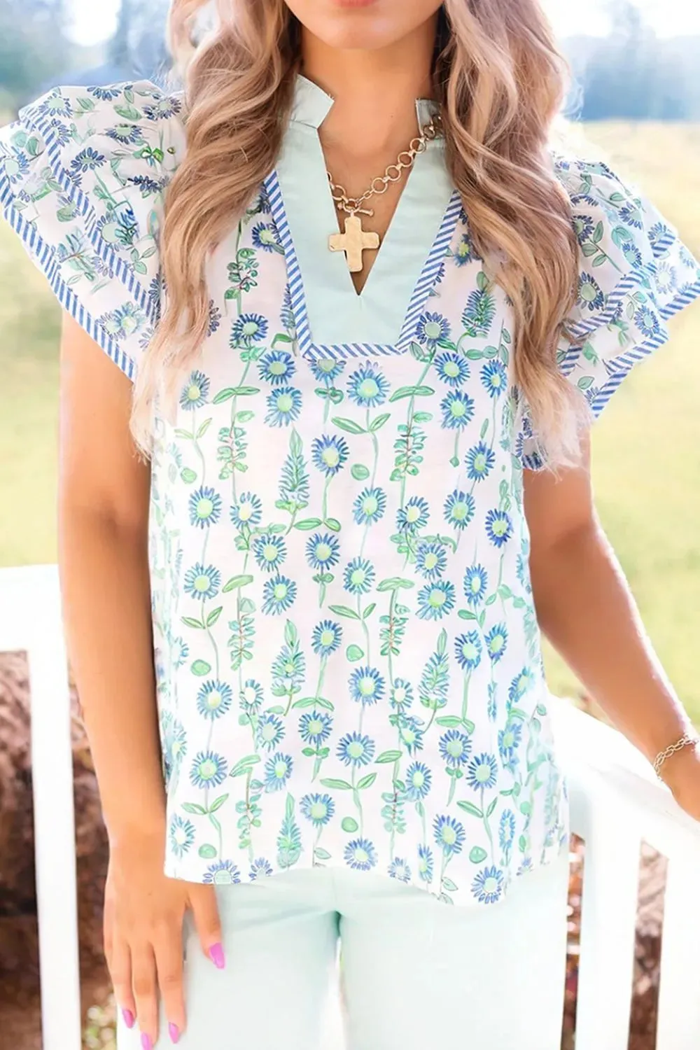 Floral Print Notched Ruffled Sleeve Blouse sold by Charming Charlie product image thumbnail 3