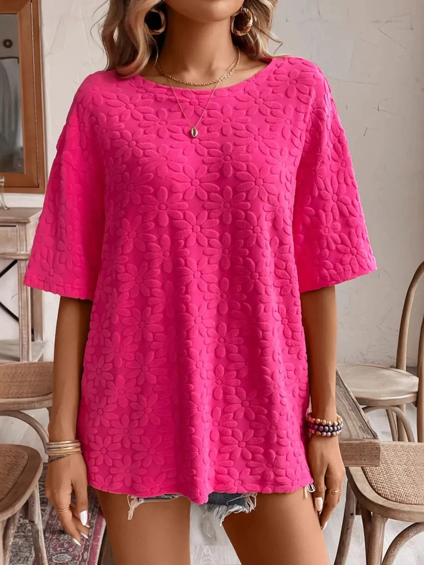 Textured Round Neck Oversized T-Shirt sold by Charming Charlie