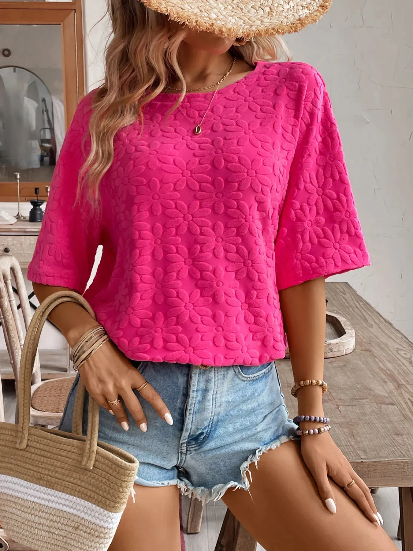 Textured Round Neck Oversized T-Shirt sold by Charming Charlie product image thumbnail 5