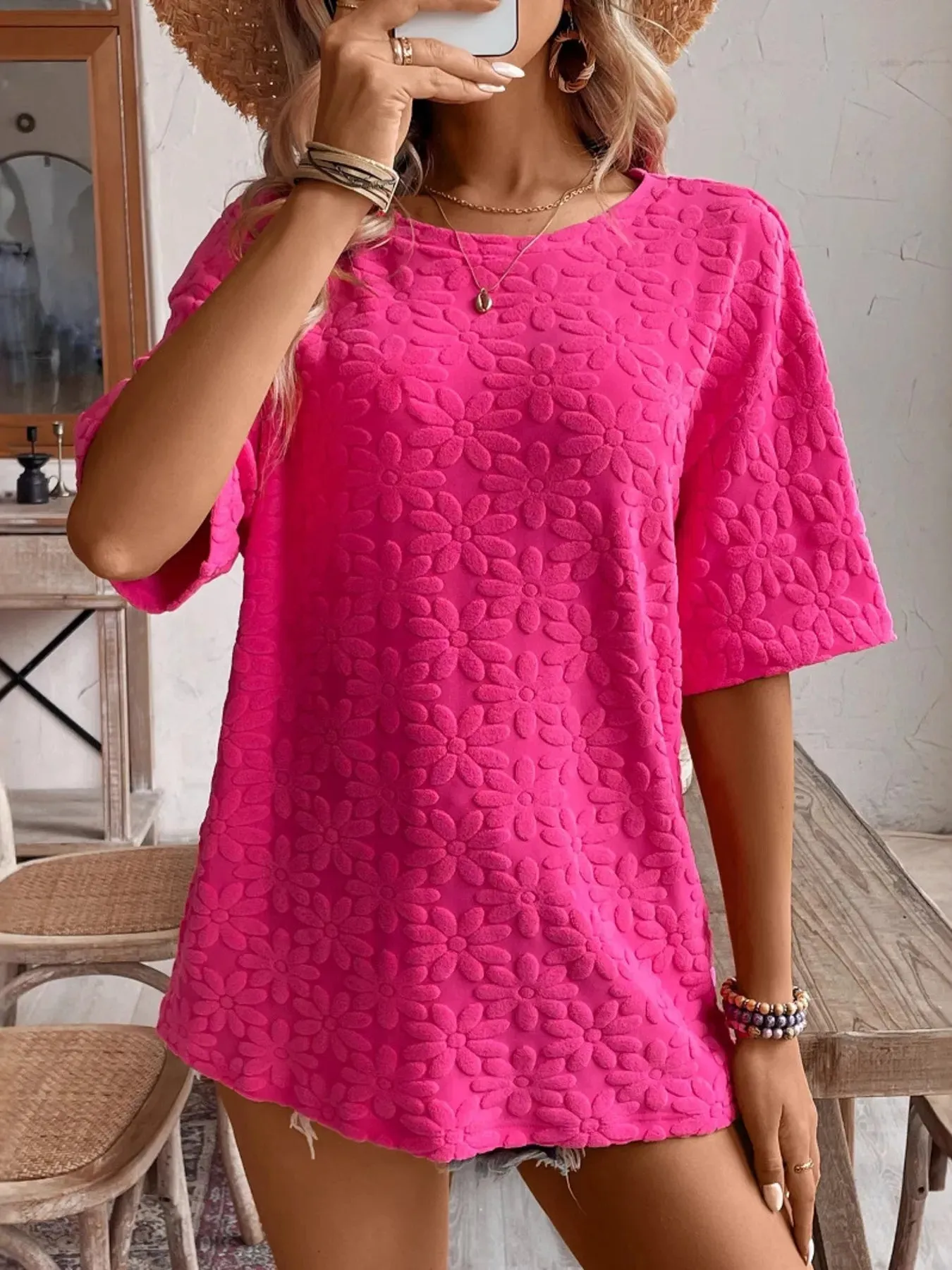 Textured Round Neck Oversized T-Shirt sold by Charming Charlie product image thumbnail 4