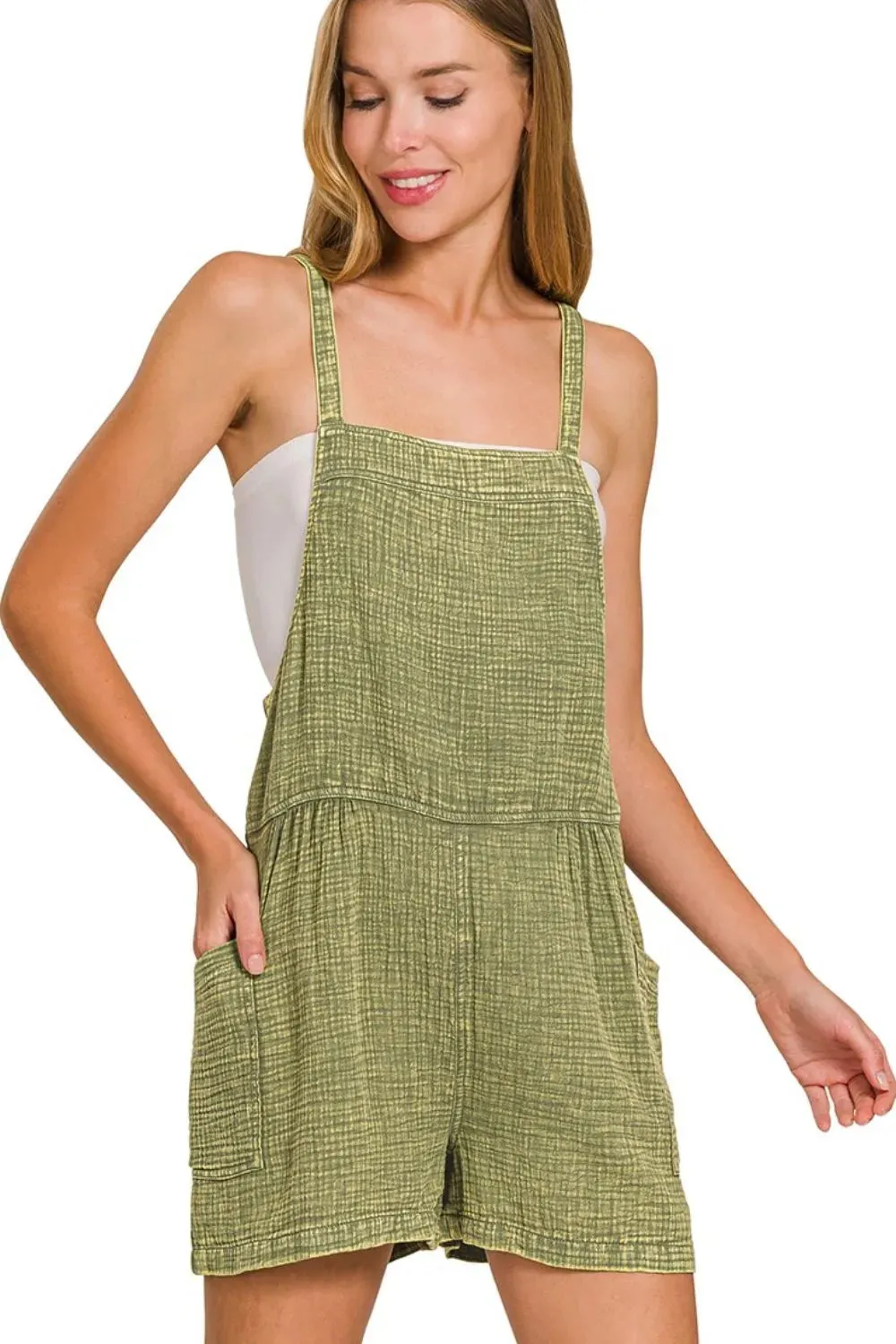 Zenana Washed Double Gauze Tie Back Rompers sold by Charming Charlie