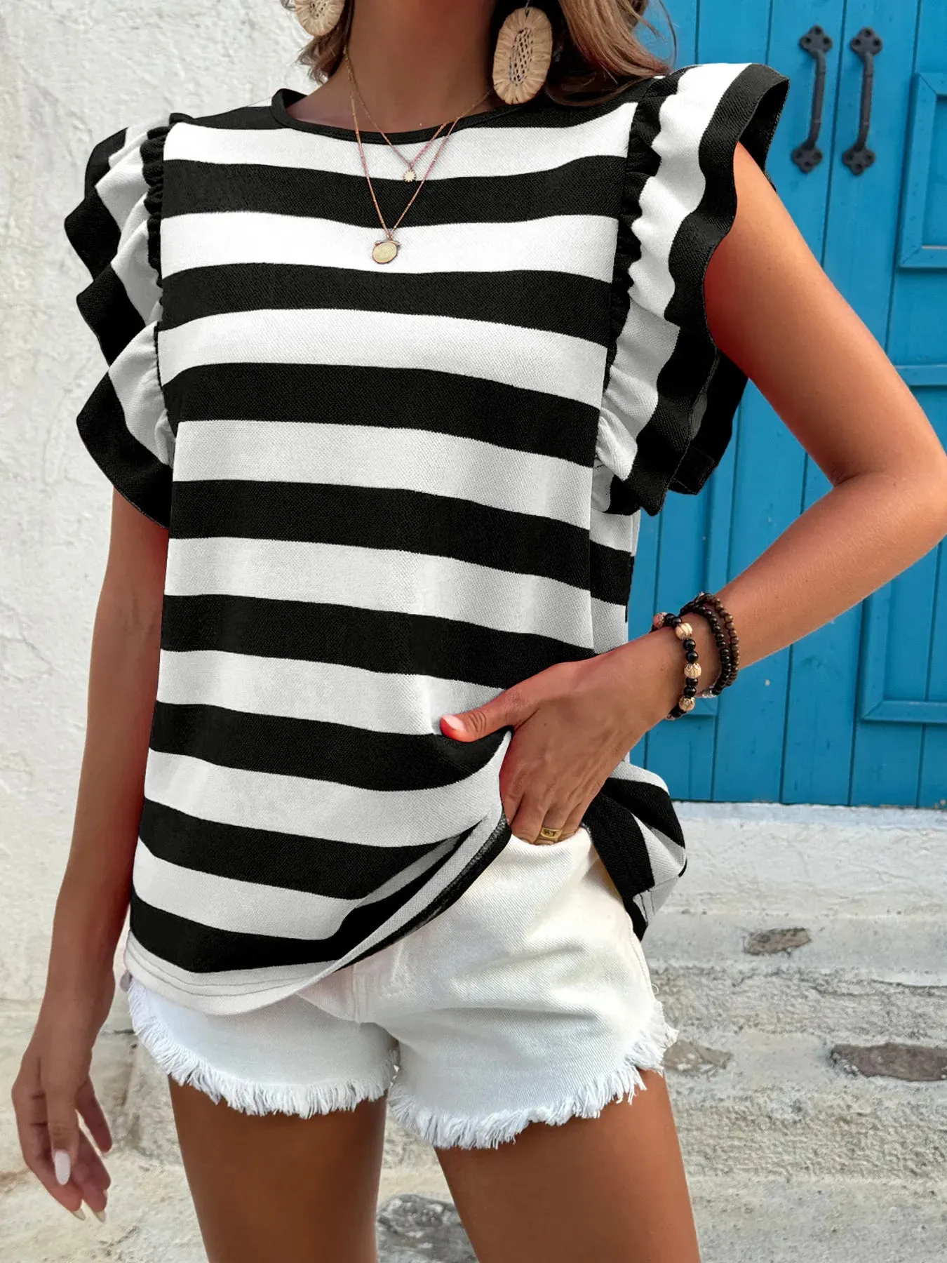 Contrast Striped Ruffle Sleeve T-Shirt sold by Charming Charlie product image thumbnail 4