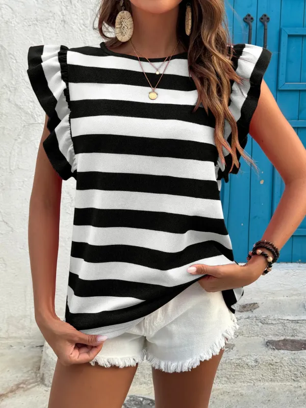 Contrast Striped Ruffle Sleeve T-Shirt sold by Charming Charlie