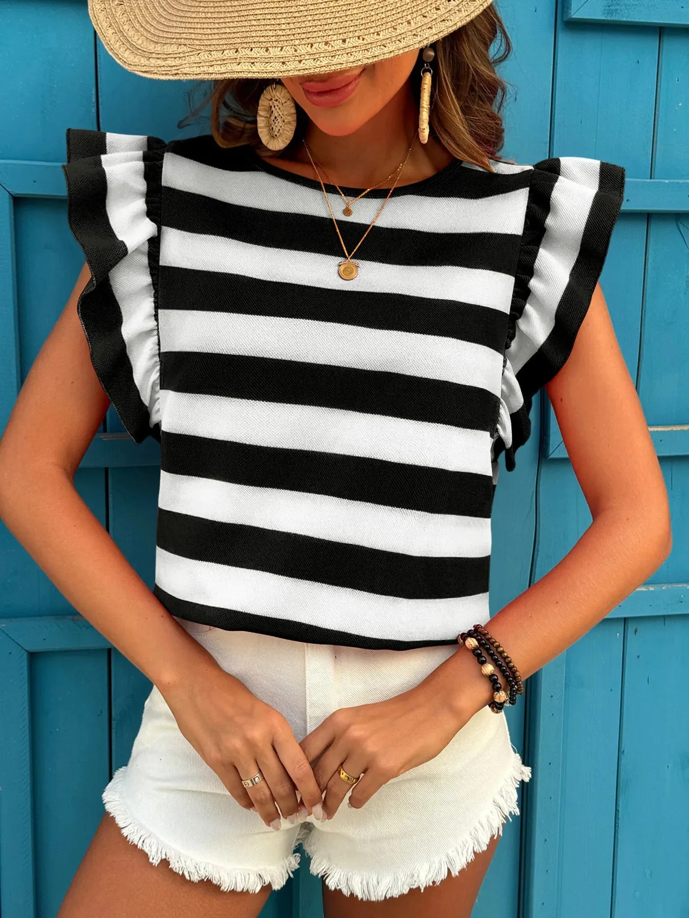 Contrast Striped Ruffle Sleeve T-Shirt sold by Charming Charlie product image thumbnail 3