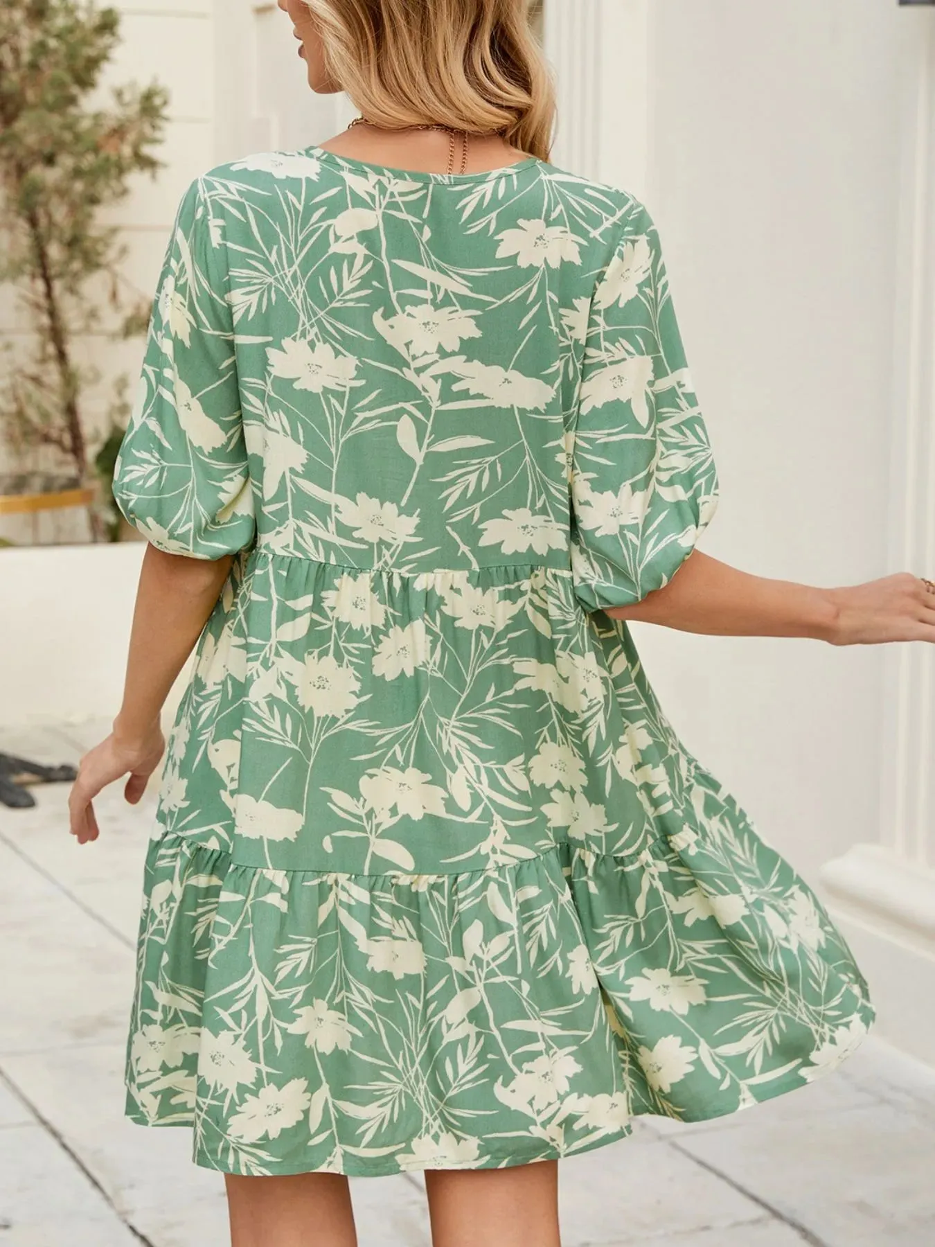 Printed V-Neck Ruffle Hem Mini Dress sold by Charming Charlie product image thumbnail 5